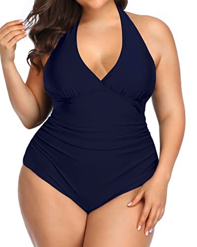 Plus Size Push Up One Piece Swimsuits Halter-Navy Blue