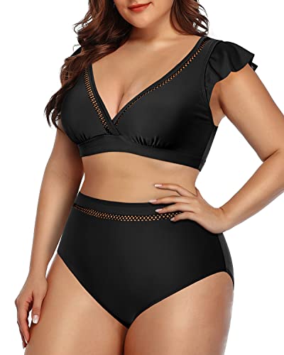 Ruffled Sleeve Bikini Top And High Waisted Bottom Two Piece Swimsuits For Women-Black