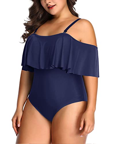 Flattering Off Shoulder Tummy Control One Piece Bathing Suit-Navy Blue