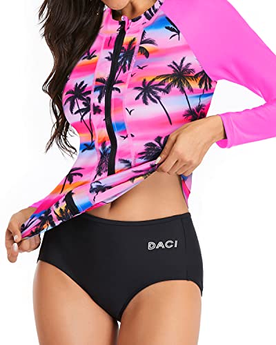 Women's Full Zipper Rash Guard And Shorts Set-Pink Palm