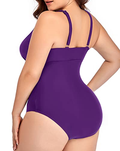 Tummy Control Full Coverage Plus Size V Neck Swimsuit-Purple