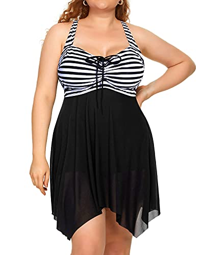 Sexy Criss-Cross Open Back Mesh Swim Dress For Women-Black And White Stripe