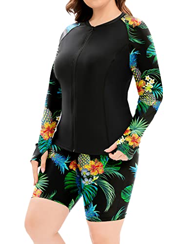 Women's Plus Size Uv Protection Rash Guard Swimsuit Zipper-Black Pineapple