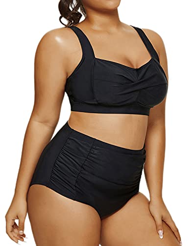 Plus Size Twist Front Bikini Set Tummy Control High Waisted Bottoms-Black