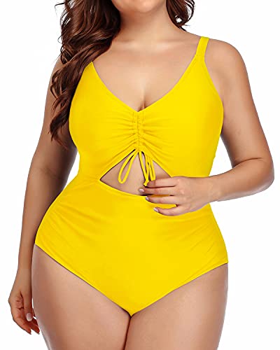 Fashionable Drawstring Cutout Large Size Swimwear-Neon Yellow