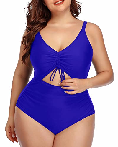 Ruched Tummy Control Plus Size Monokini Swimsuits-Royal Blue