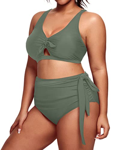 Full Coverage Ruched Plus Size Bikini Swimsuit-Olive Green