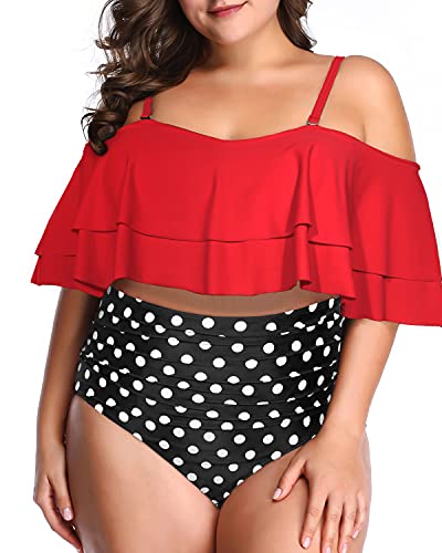 Plus Size Off Shoulder Bathing Suit Double Ruffle-Red Dot