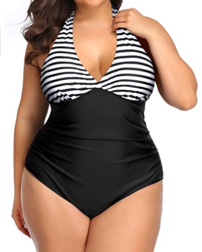 Sexy Halter One Piece Push Up Swimsuits For Women-Black And White Stripe