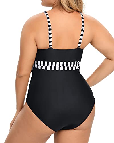 Plunge V Neck Cutout Bathing Suits Plus Size One Piece Swimsuits-Black And White Stripe