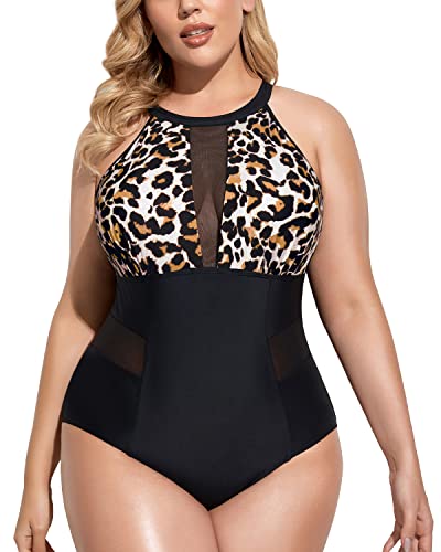 Trendy Mesh Plunge One Piece Swimsuit For Plus Size Women-Black And Leopard