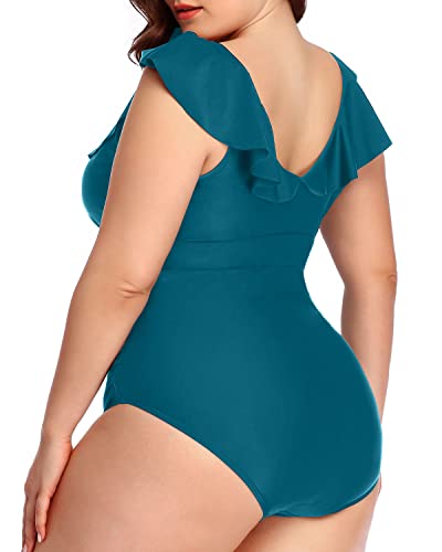 Elegant Ruffled Falbala Black Swimsuits For Plus Size-Teal