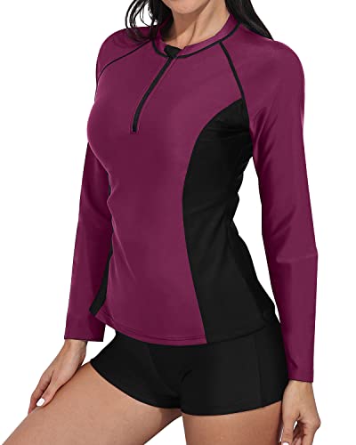 Stylish Women's Long Sleeve Rash Guard Swimwear Boy Shorts-Purple