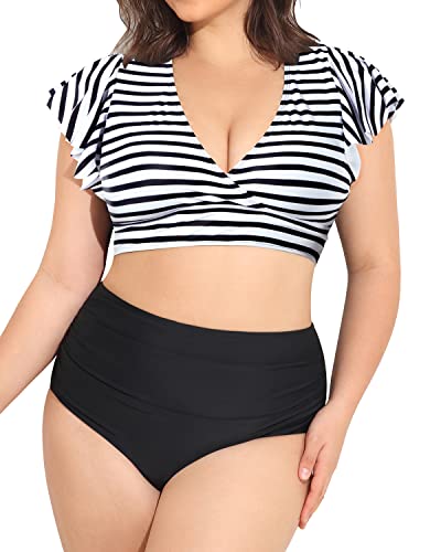 Ruffled Sleeve Two Piece Swimsuits Plus Size High Waisted Bikini-Black And White Stripe