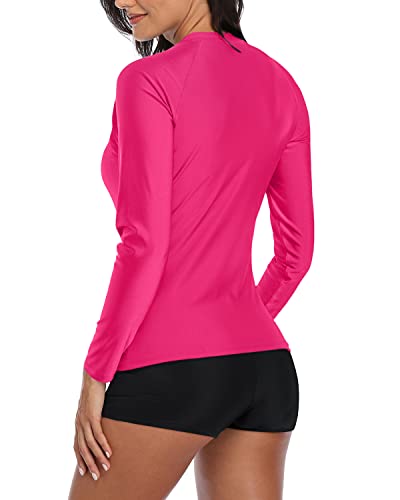 Long Sleeve Women's Rash Guard Boyshort Swimsuit Set-Neon Pink And Black