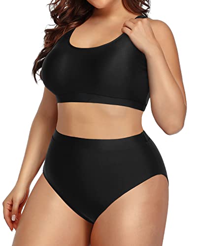 Sporty Scoop Neck Bikini Set High Waist Bottoms For Plus Size Women-Black