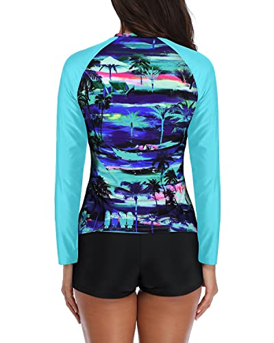 Women's Upf 50+ Two Piece Long Sleeve Rash Guard And Boyshort Set-Blue Palm Tree