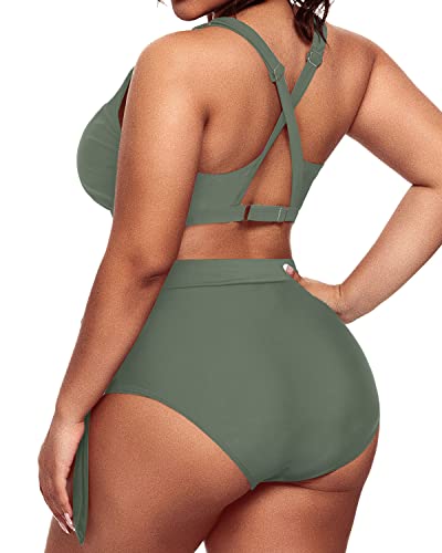 Full Coverage Ruched Plus Size Bikini Swimsuit-Olive Green