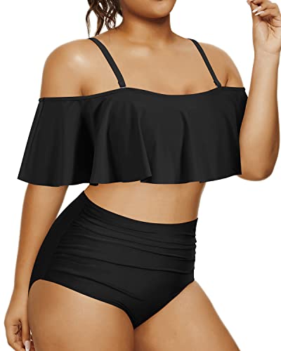 Falbala Two Piece Swimsuits For Women Plus Size Bikini Set-Black