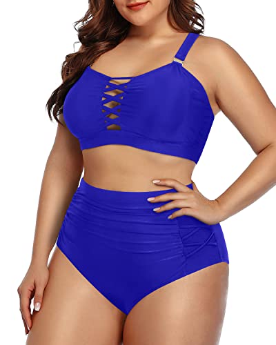 Attractive Hollow Out Ruched Tummy Control Bikini For Plus Size Women-Royal Blue