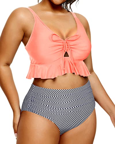 Vintage Style Two Piece Swimsuit Bikini Set For Curvy Women-Coral Pink Stripe