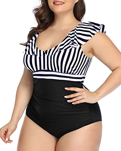 Tummy Control Ruffled Plus Size Bathing Suit-Black And White Stripe