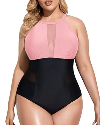 Plus Size Mesh Plunge Swimsuit Tummy Control-Pink And Black