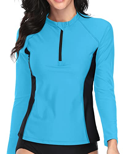 Uv Protection Zip Front Crew Neck Swim Shirt Long Sleeve Rashguard-Aqua