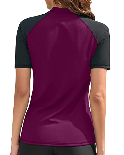 Uv Block Women's Swim Shirt Without Built-In Bra Short Sleeve Rashguard Top Swim Shirt-Maroon