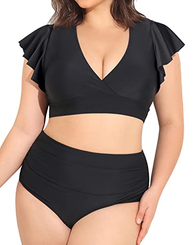 Sexy Women's Two Piece Bathing Suits Plus Size High Waisted Bikini Bottoms-Black