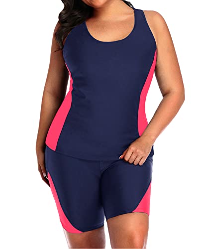 Wide Strap Unitard Plus Size Racerback Tankini Set For Women-Navy Blue And Pink