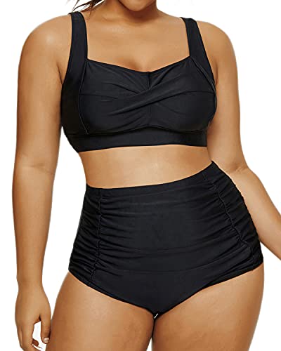 Plus Size Twist Front Bikini Set Tummy Control High Waisted Bottoms-Black