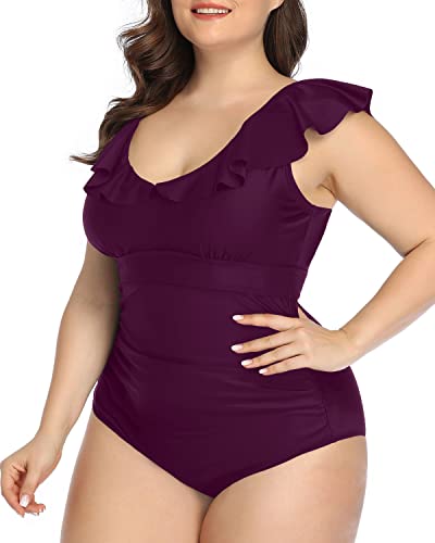 Vintage Style Plus Size V-Neck Bathing Suit-Maroon