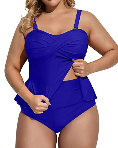 Adjustable Strap Peplum Tankini Two Piece Plus Size Swimsuit-Royal Blue