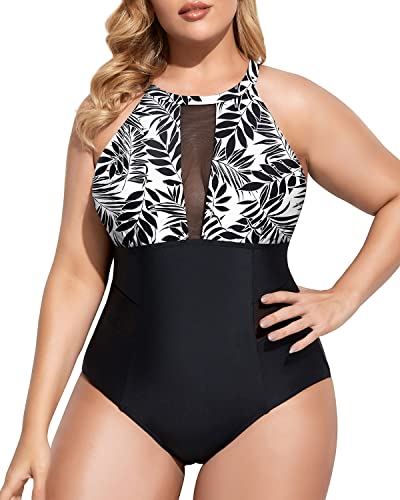 Tummy Control Cut Out Monokini Swimsuit For Plus Size Women-Black Leaves