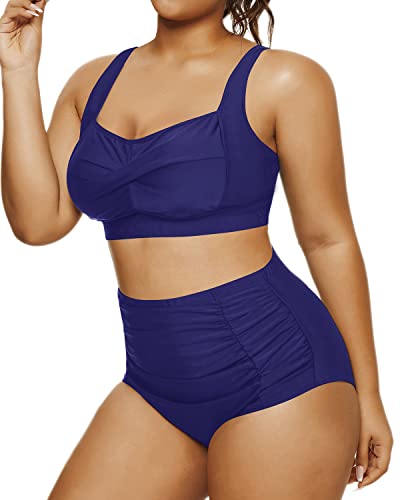 Padded Push Up Two Piece Swimsuit Open Back Retro Bikini-Navy Blue