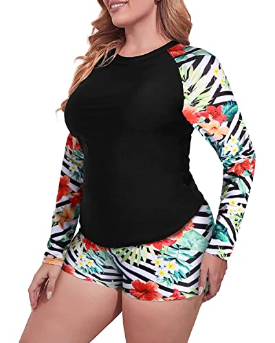 Plus Size Long Sleeve Rash Guard Swimsuit Set Boy Short Swimwear-Black And Striped Leaves