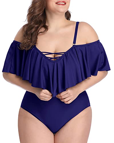 Figure-Hugging Cold Shoulder Plus Size One Piece Bathing Suits-Navy Blue