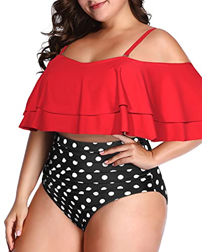 Plus Size Off Shoulder Bathing Suit Double Ruffle-Red Dot