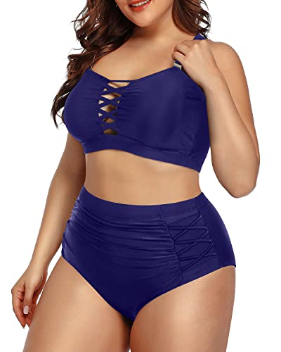 Adjustable Ruched Tummy Control Bikini For Plus Size Women-Navy Blue