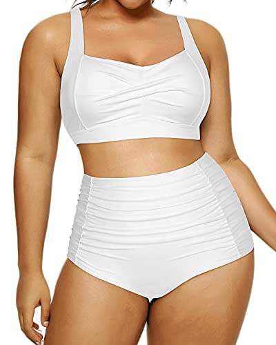 Plus Size High Waisted Bikini Adjustable Straps For Curvy Women-White