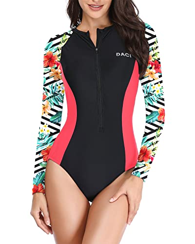 Women's One Piece Long Sleeve Swimwear Rash Guard-Black And Striped Leaves