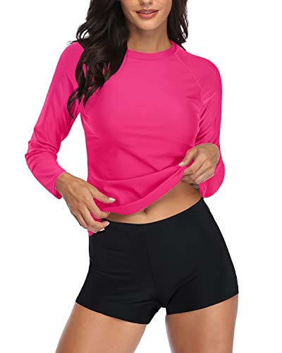 Long Sleeve Women's Rash Guard Boyshort Swimsuit Set-Neon Pink And Black