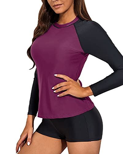 Two Piece Raglan Sleeve Ladies Rash Guard Swimsuit-Purple