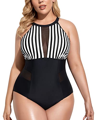 Chic Cut Out High Neck Plus Size Monokini Swimwear-Black And White Stripe