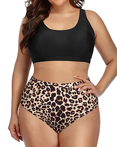 Athletic 2 Piece Swimsuit Removable Sports Bra For Plus Size-Black And Leopard