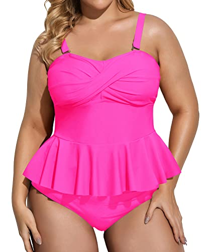 Retro Style Peplum Tankini High Waisted Tummy Control Bottom Plus Size Swimsuit-Neon Pink