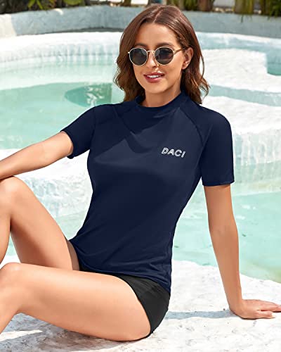 Attractive Women's Rash Guard Top Short Sleeve Rashguard Top Swim Shirt-Navy Blue