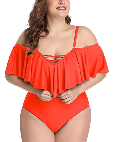 Elegant Flounce Off Shoulder One Piece Swimsuits-Neon Orange