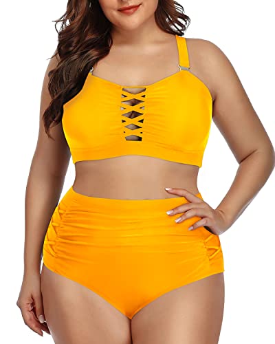 High Waisted Ruched Tummy Control Bikini For Plus Size Women-Yellow